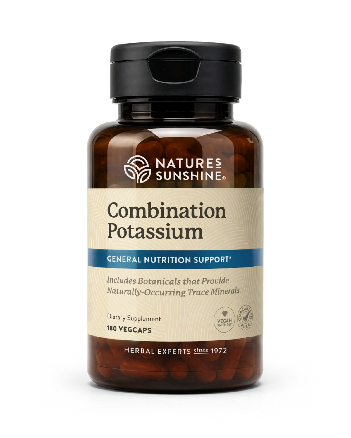 A bottle of Nature's Sunshine Combination Potassium dietary supplement, featuring an amber brown bottle, black cap, and a beige label with blue accents, containing 180 vegcaps.