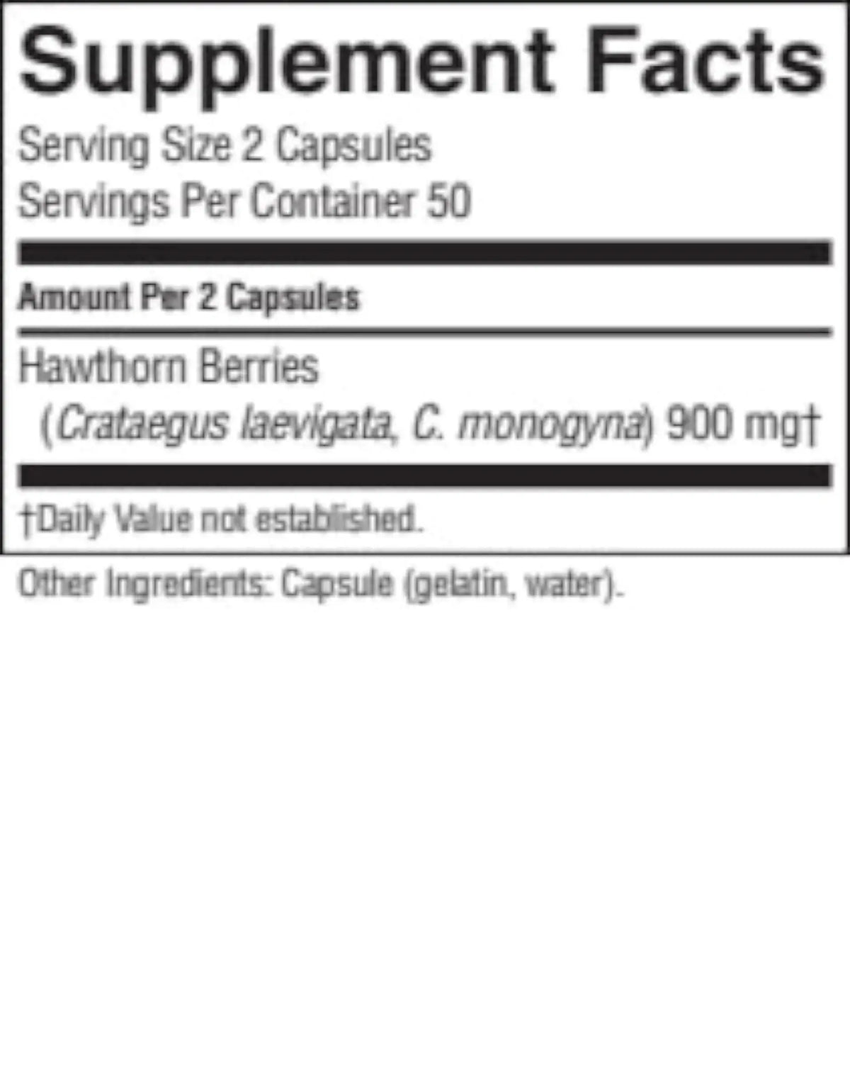 A close-up of a supplement facts label showing 'Supplement Facts' for Hawthorn Berries, with serving size 2 capsules and 50 servings per container.