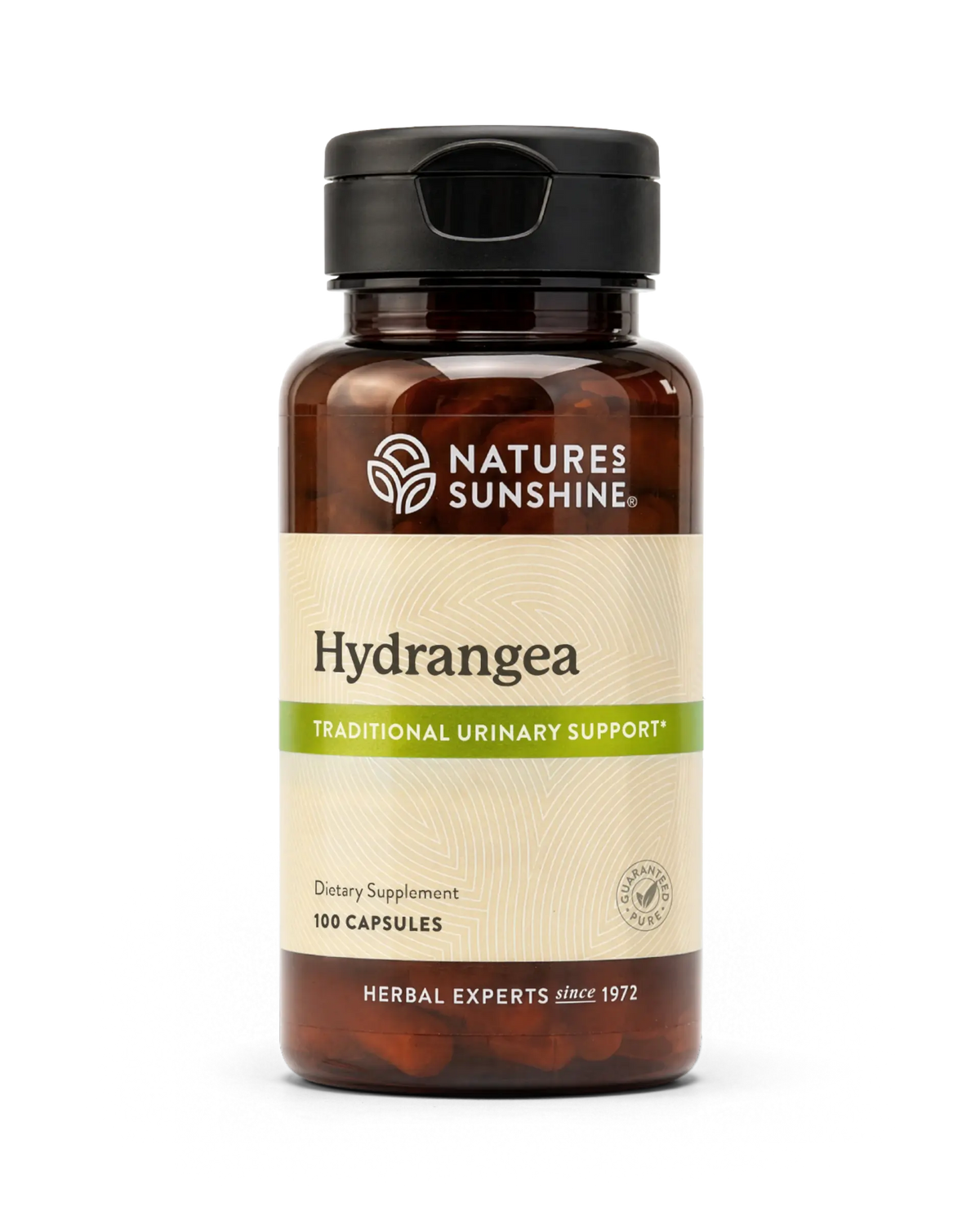A bottle of Natures Sunshine Hydrangea dietary supplement, 100 capsules, in an amber brown bottle with a black cap and a beige label with green accents.