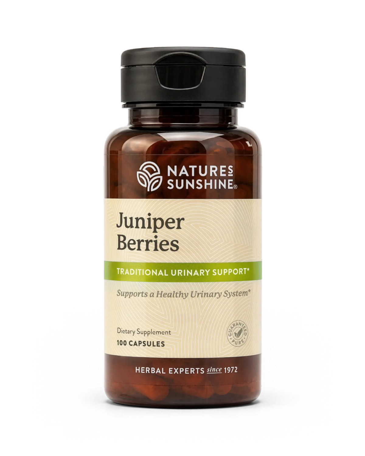 A bottle of Nature's Sunshine Juniper Berries dietary supplement, featuring an amber brown bottle, a black flip-top cap, and a beige label with green accents, set against a plain white background.