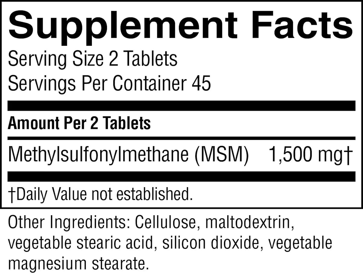 A close-up of a supplement facts label showing the amount per 2 tablets of Methylsulfonylmethane (MSM) at 1,500 mg, with other ingredients listed below on a white background.