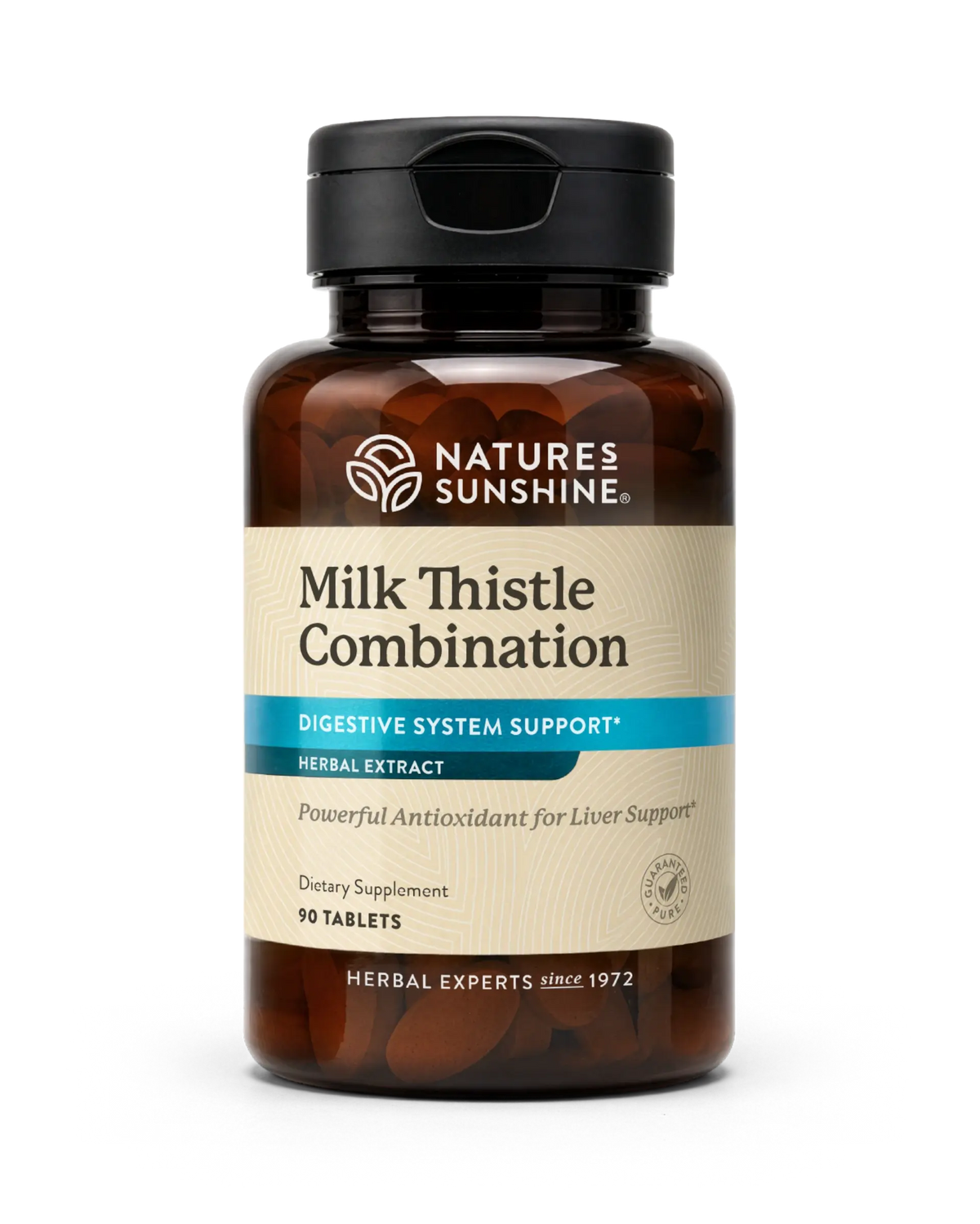 A bottle of Nature's Sunshine Milk Thistle Combination dietary supplement, containing 90 tablets, on a clean white background.