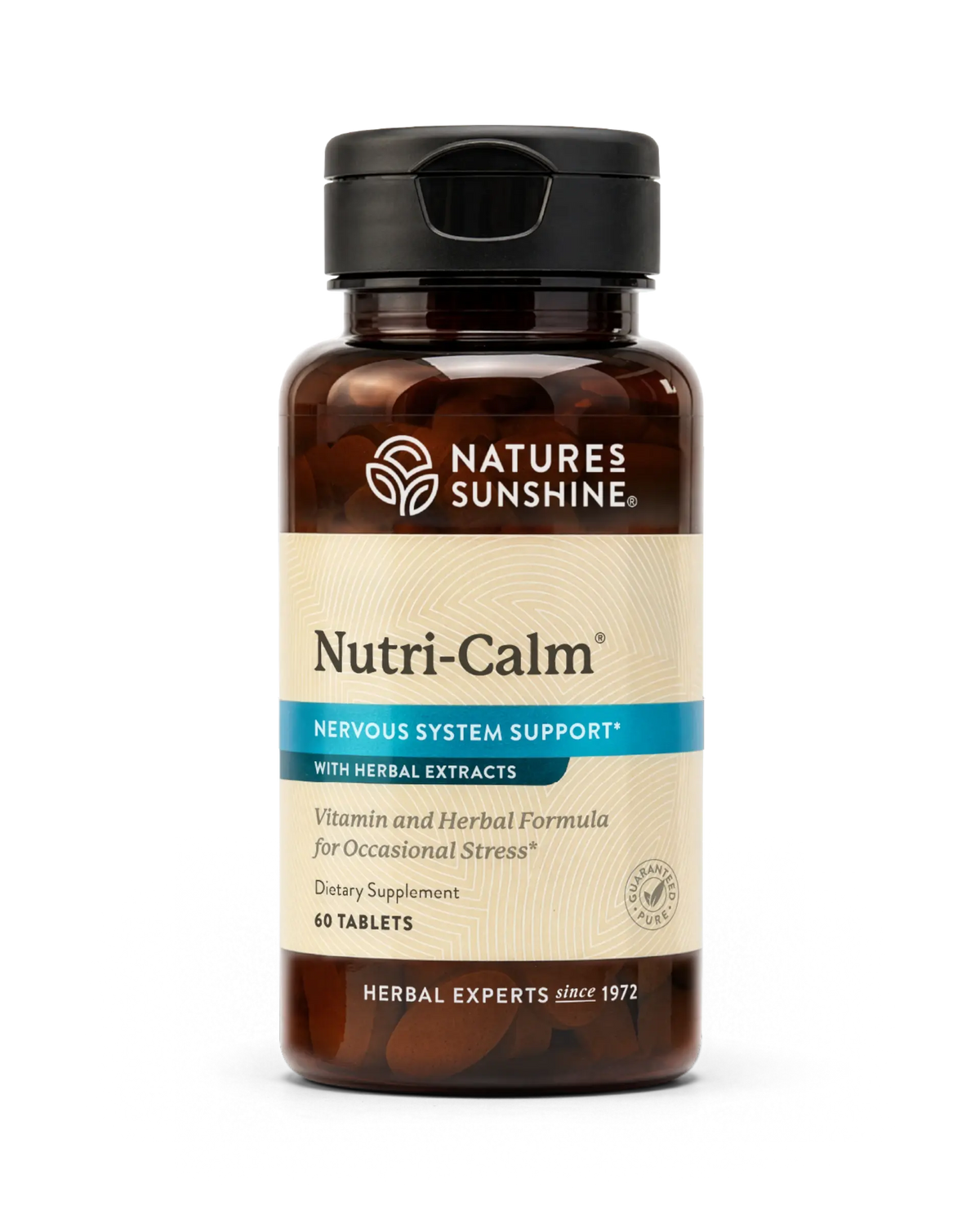 Nature's Sunshine Nutri-Calm Nervous System Support dietary supplement bottle with amber brown plastic, a black cap, and a beige label with blue accents, containing 60 tablets.
