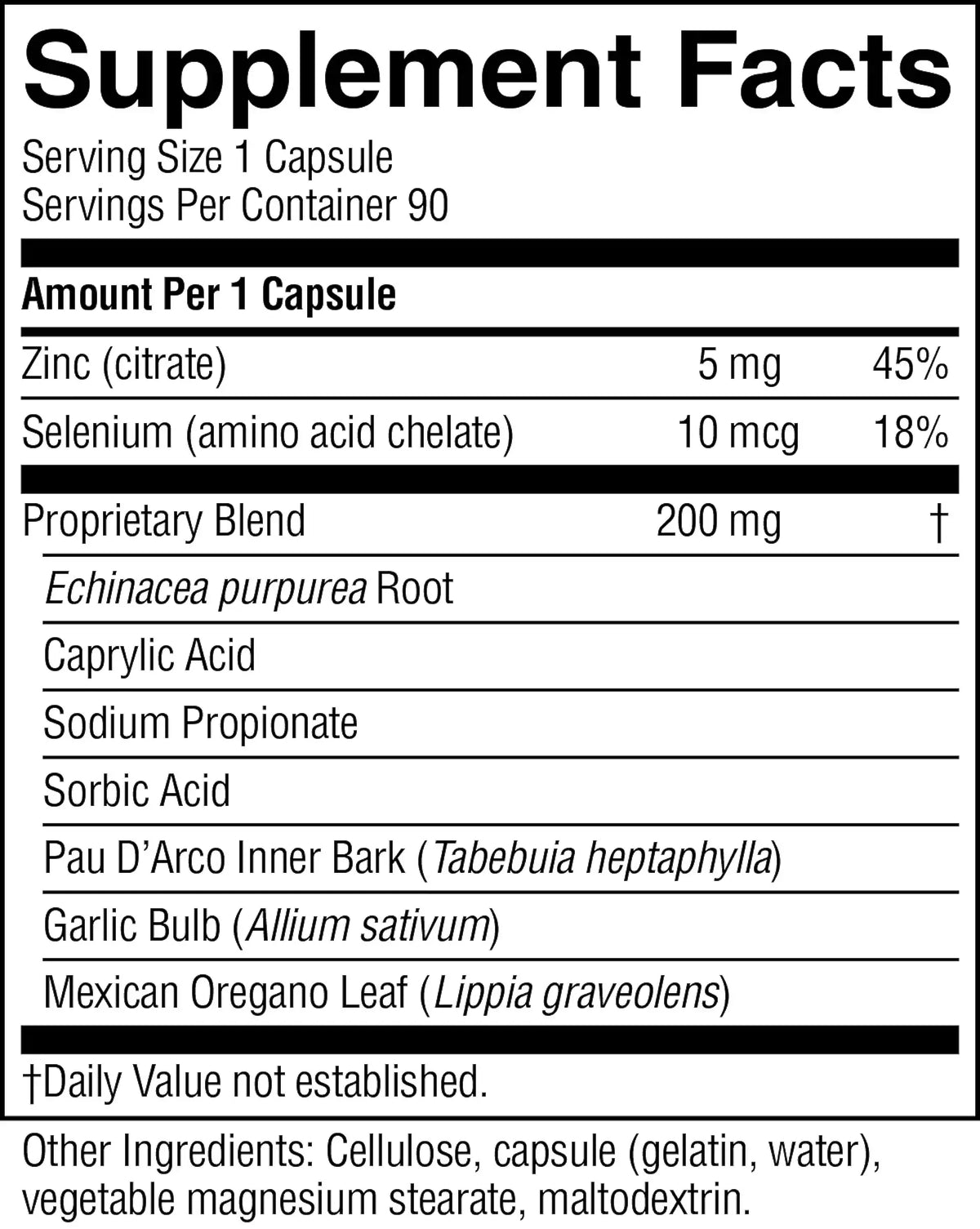 A black and white Supplement Facts label showing the nutrition facts for a dietary supplement. The label lists serving size as 1 capsule, with amounts per capsule for zinc citrate, selenium (amino acid chelate), and a proprietary blend.
