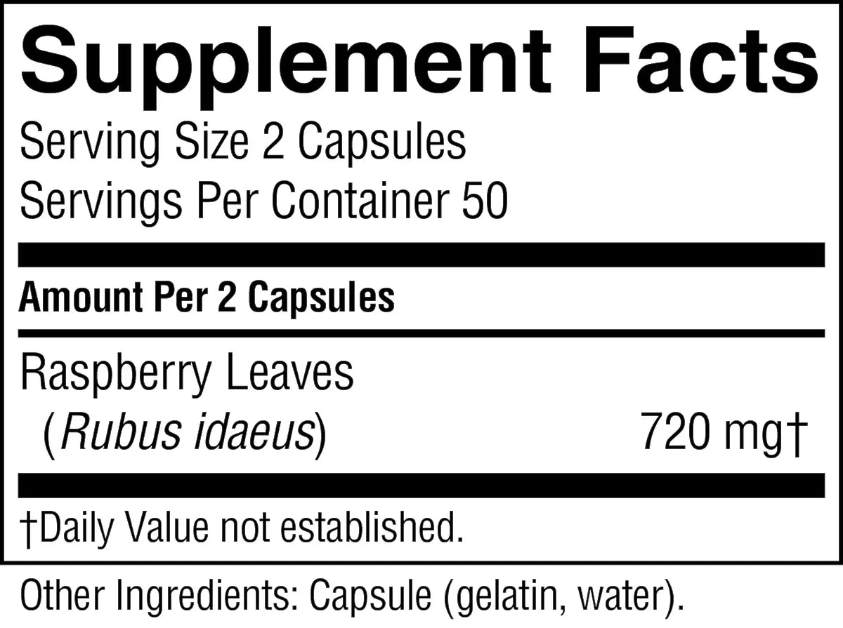 A close-up of a supplement facts label showing serving size 2 capsules, servings per container 50, and raspberry leaves (Rubus idaeus) at 720 mg. The label is black text on a white background.