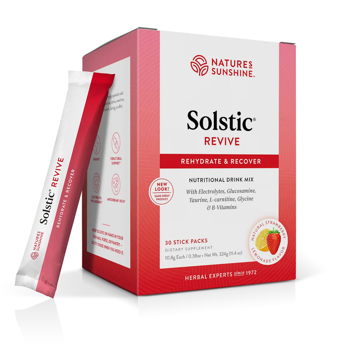 A box of Nature's Sunshine Solstic Revive nutritional drink mix with a single stick pack leaning against the front left side, shown on a clean white background.