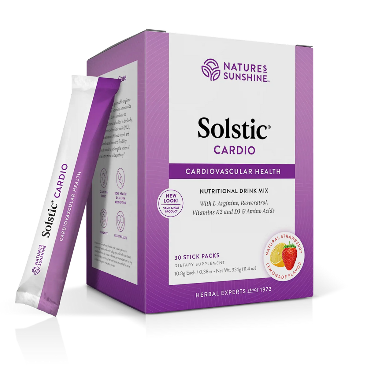 Nature's Sunshine Solstic Cardiovascular Health dietary supplement box in purple and white packaging, with one single stick pack leaning against the front of the box on a clean white background.