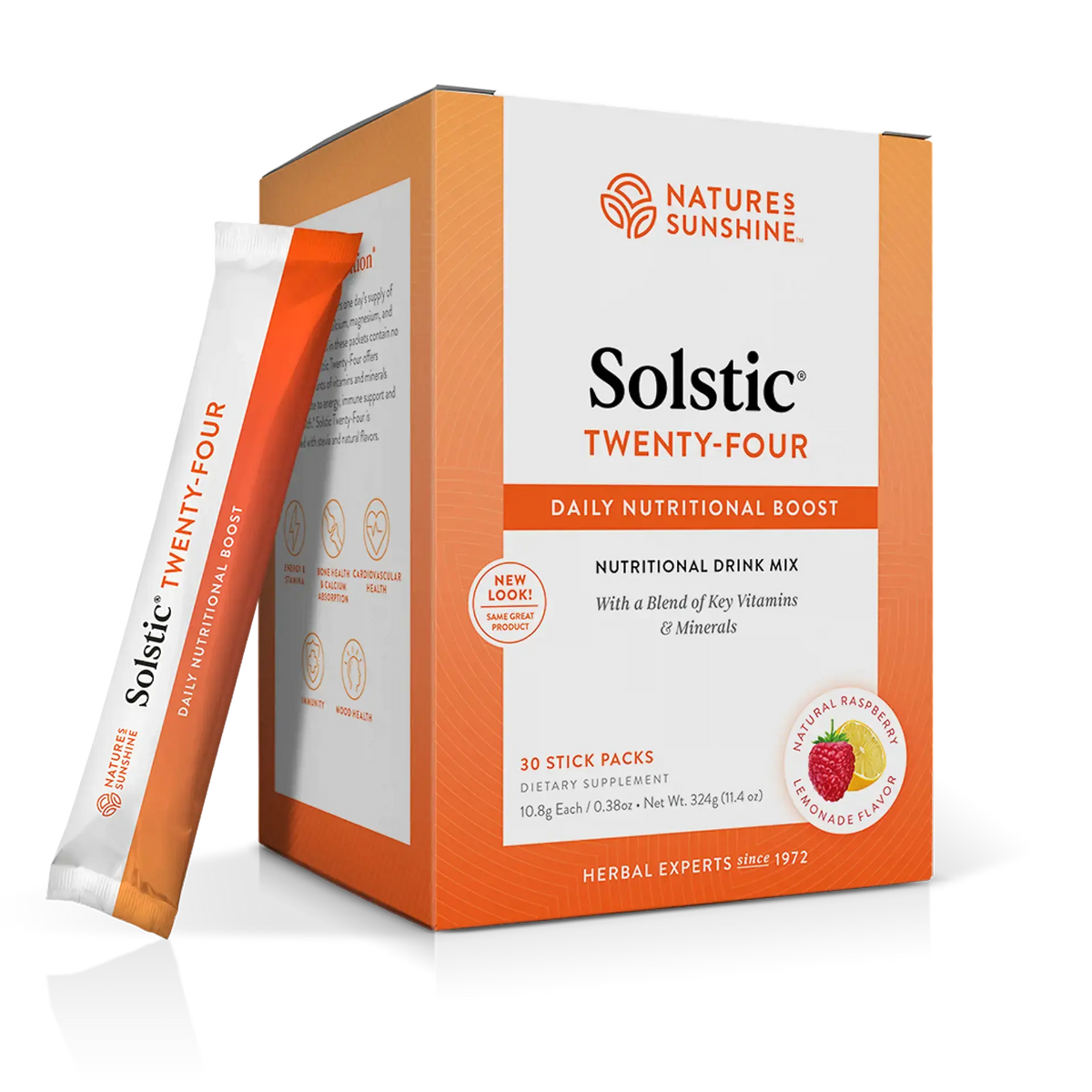 Nature's Sunshine Solstic Twenty-Four daily nutritional drink mix box with one stick pack leaning against it on a clean white background.