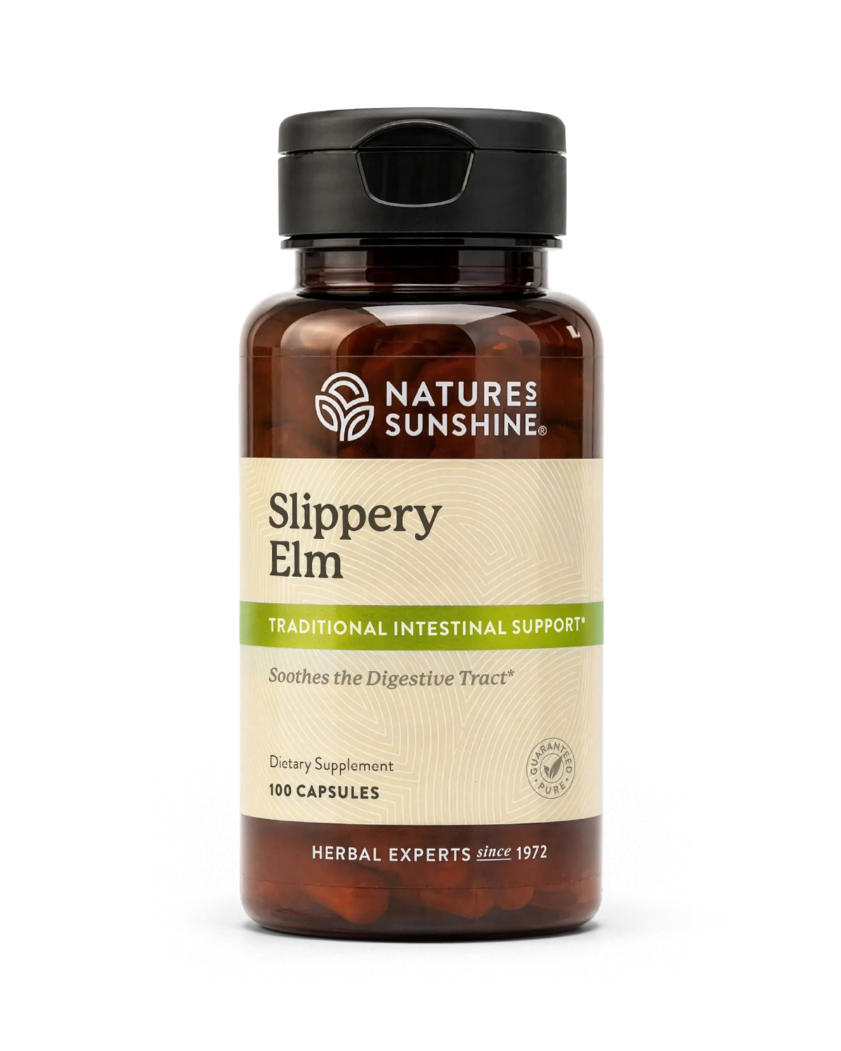 A bottle of Natures Sunshine Slippery Elm dietary supplement, containing 100 capsules, on a clean white background.