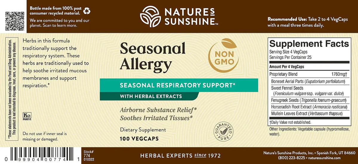 Natures Sunshine Seasonal Allergy supplement label showing product details, ingredients, and serving facts on a beige background with green and blue accents.