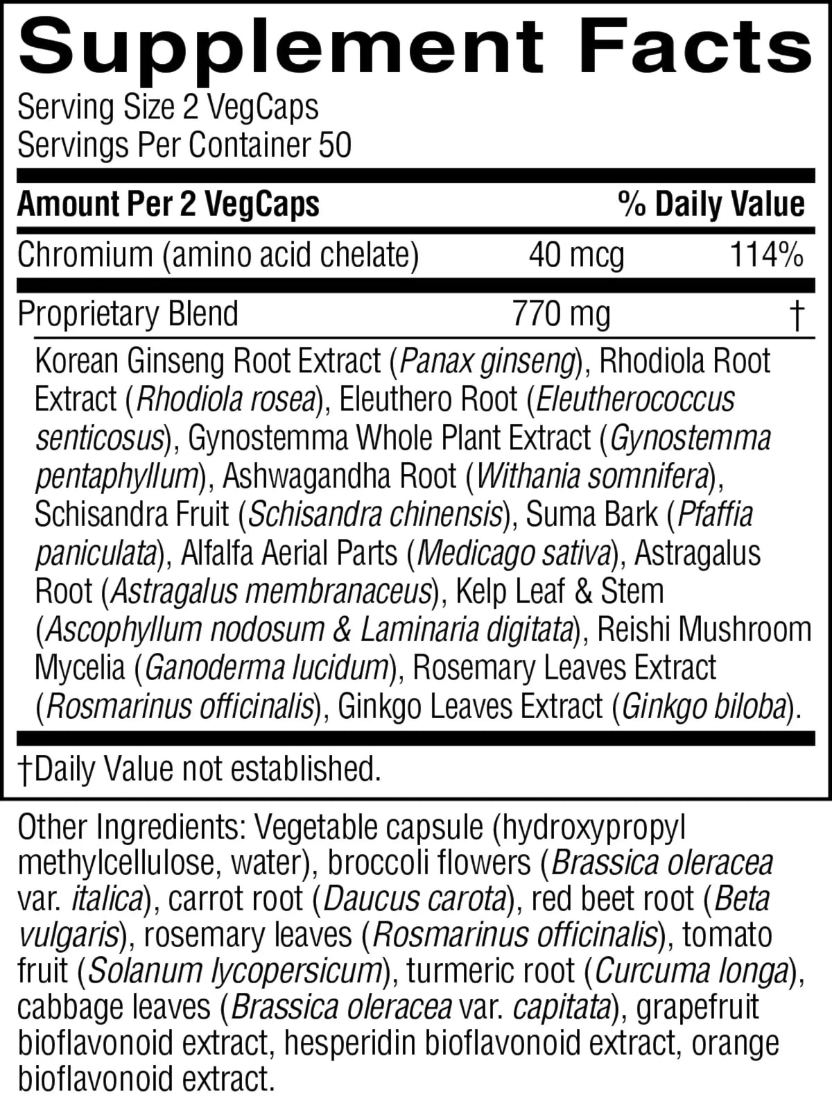 A close-up of a supplement facts label showing a supplement blend with ingredients like Korean Ginseng Root Extract, Rhodiola Root Extract, and Ashwagandha Root. The label specifies serving size of 2 VegCaps and lists various herbal components.
