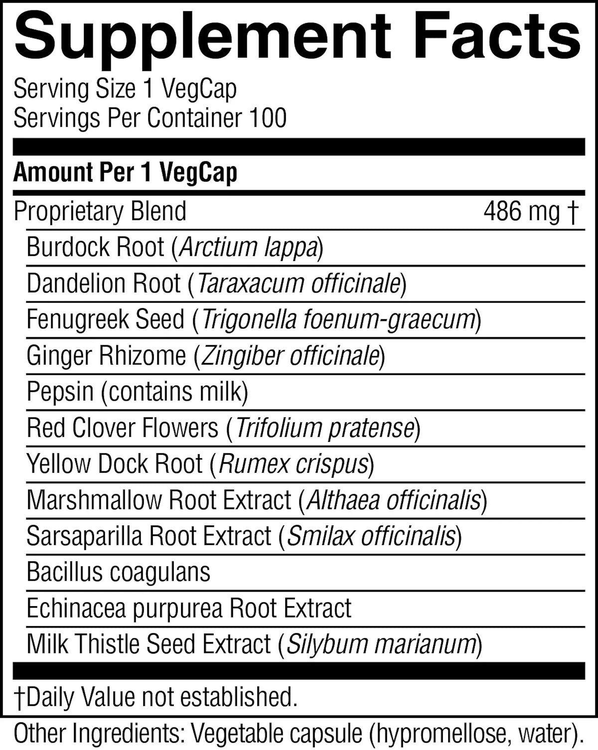 A close-up of a supplement facts label for VegCap, showing the 'Supplement Facts' panel with ingredients listed under 'Proprietary Blend' and 'Other Ingredients' on a white background.