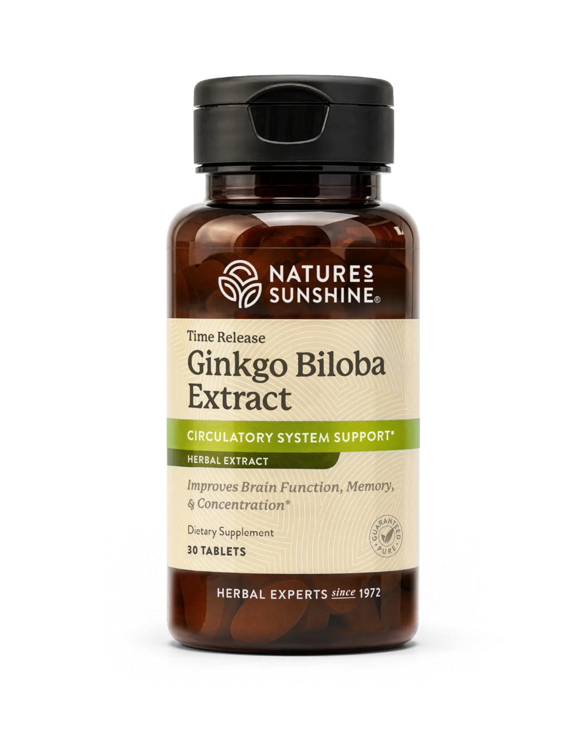 Nature's Sunshine Ginkgo Biloba Extract herbal supplement bottle with 10 tablets, featuring a dark amber bottle, black cap, and beige label with green accents.