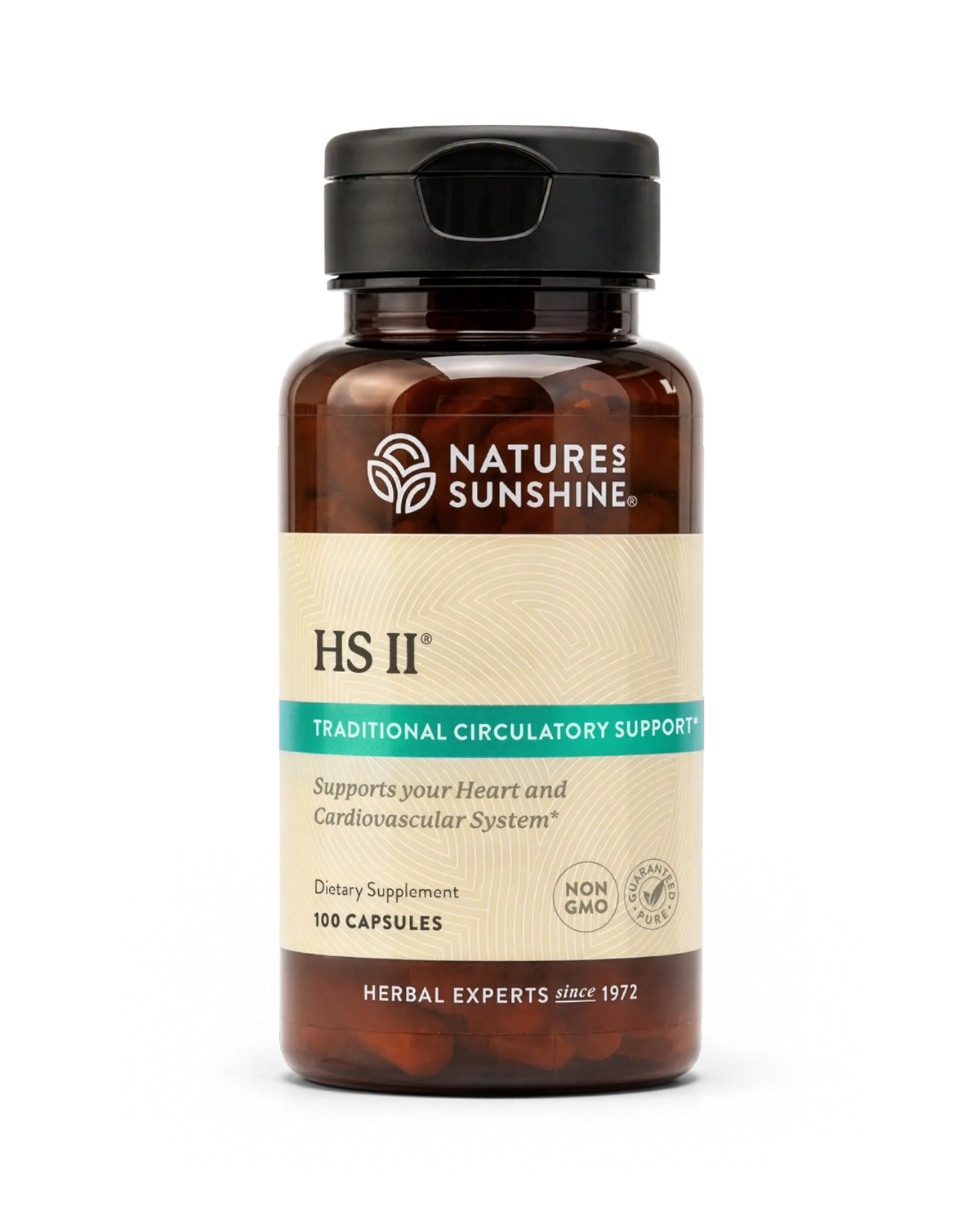 A bottle of Nature's Sunshine HS II Traditional Circulatory Support dietary supplement, containing 100 capsules, on a clean white background.
