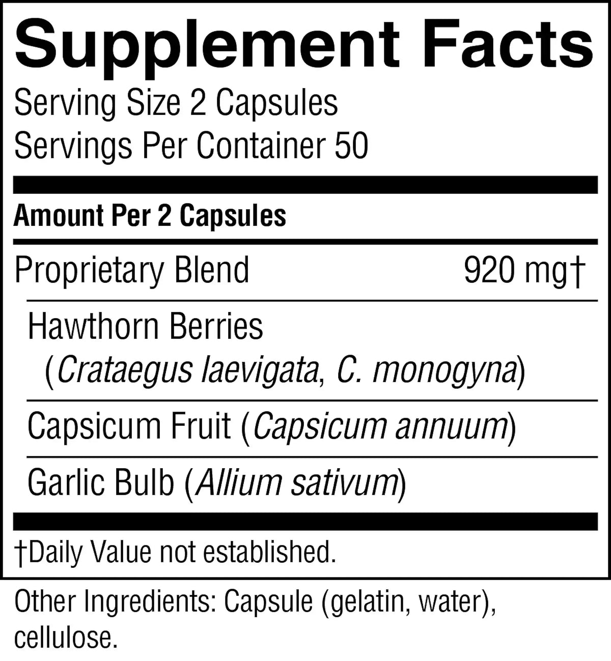 A black-and-white Supplement Facts label showing serving size 2 capsules, 50 servings per container, and a proprietary blend of 920 mg. The label lists Hawthorn Berries, Capsicum Fruit, and Garlic Bulb as ingredients, with other capsule components noted at the bottom.