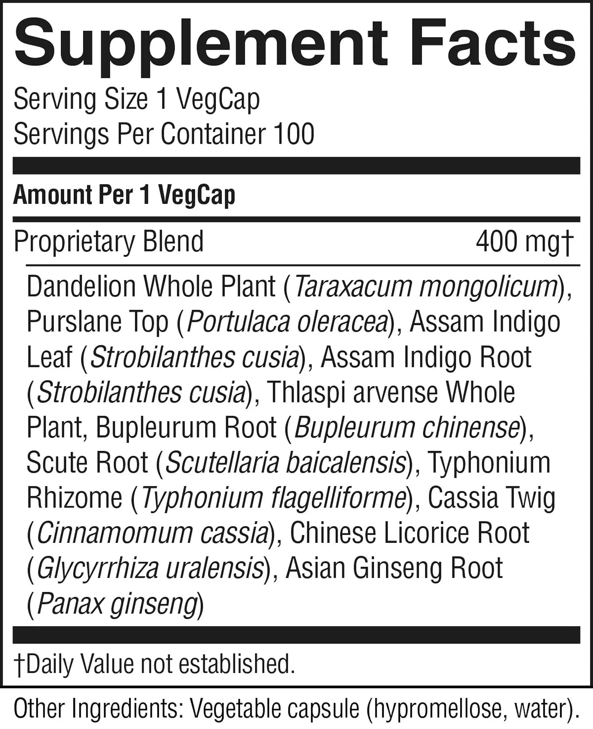 A close-up of a supplement facts label for VegCap, showing the supplement blend ingredients including Dandelion, Assam Indigo Leaf, and Scute Root.