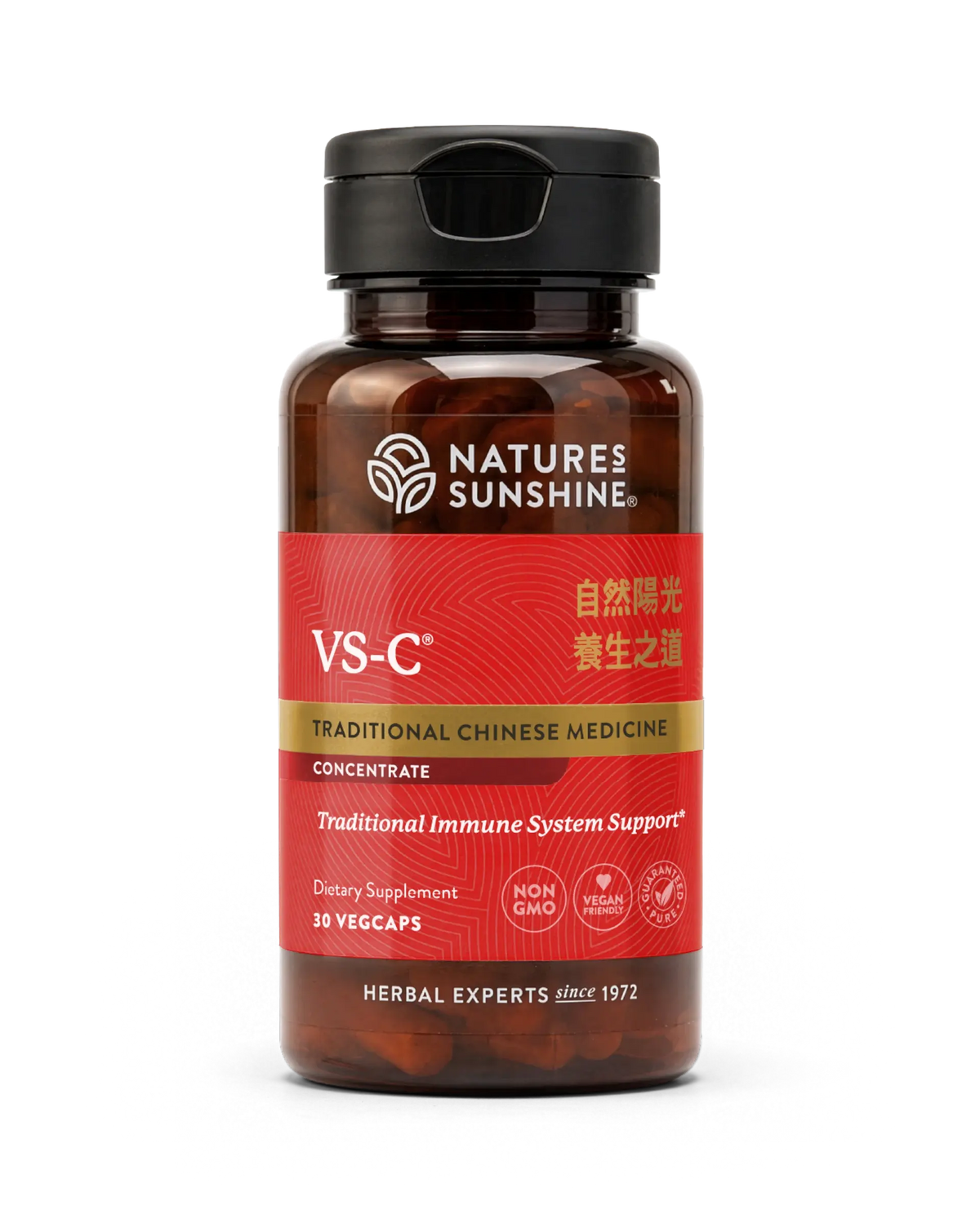 A bottle of Natures Sunshine VS-C Traditional Chinese Medicine dietary supplement, featuring a dark amber brown bottle, a black flip-top cap, and a red label with gold and white text.