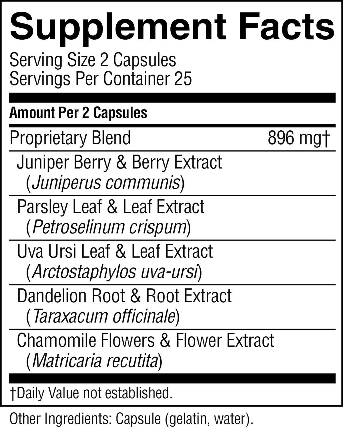 A black and white Supplement Facts label showing a proprietary blend of extracts including Juniperus Berry, Parsley Leaf & Leaf Extract, Uva Ursi Leaf & Leaf Extract, Dandelion Root & Root Extract, and Chamomile Flowers & Flower Extract.