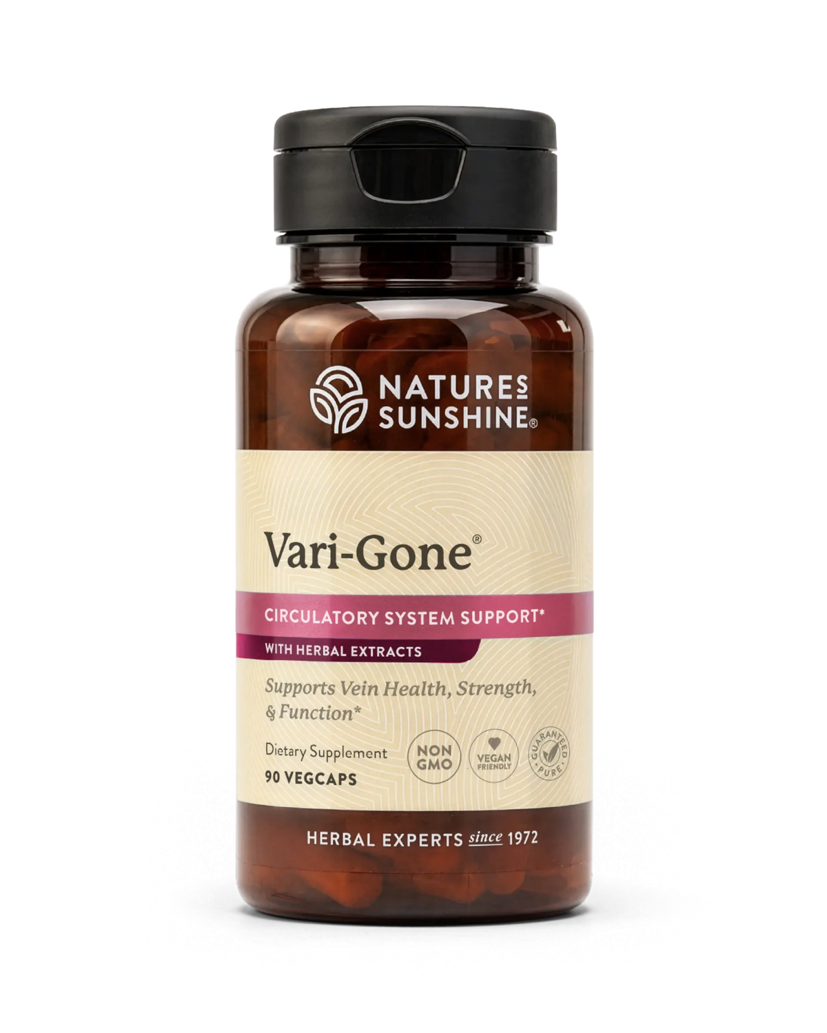 Nature's Sunshine Vari-Gone Circulatory System Support dietary supplement bottle with amber brown plastic and a black flip-top cap, shown on a white background.