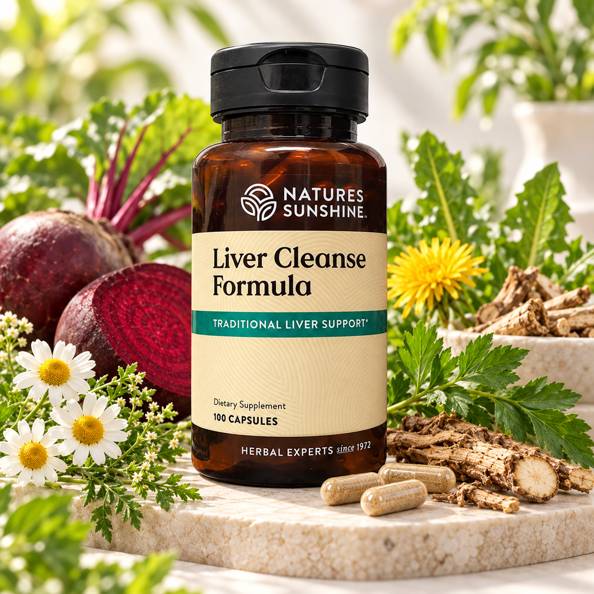 A bottle of Nature's Sunshine Liver Cleanse Formula dietary supplement, styled on a marble slab with fresh herbs, beets, dandelion, and capsules against a soft-focus garden background.