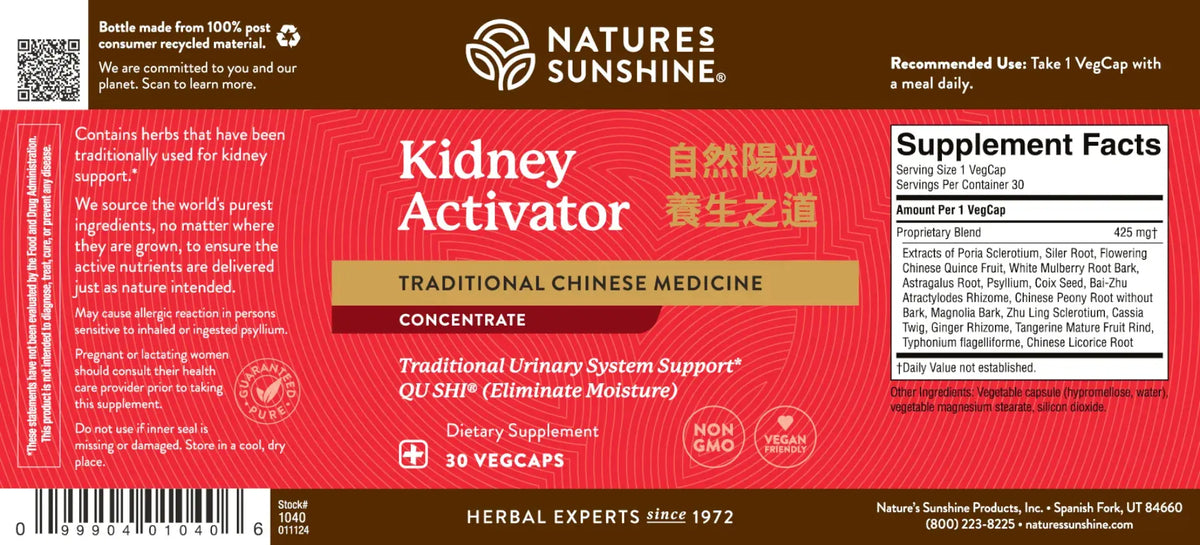 Natures Sunshine Kidney Activator Traditional Chinese Medicine supplement bottle label, featuring a red and white design with product details, supplement facts, and barcode on a white background.