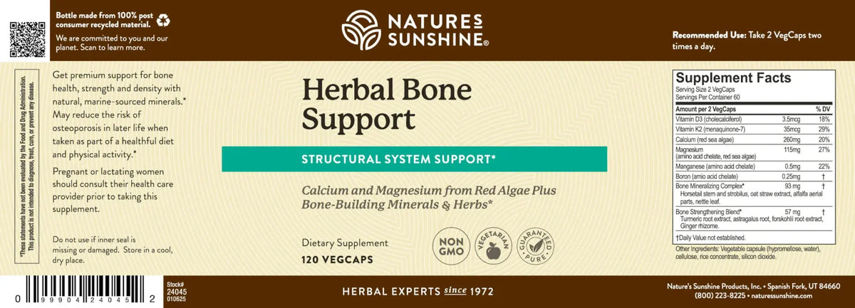 Natures Sunshine Herbal Bone Support supplement label with text and graphics.