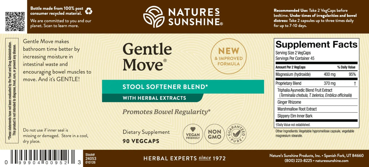 Natures Sunshine Gentle Move Stool Softener Blend dietary supplement label, featuring a beige and brown design with product details, ingredients, and a supplement facts panel.