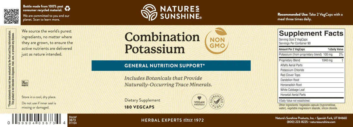 Natures Sunshine Combination Potassium herbal supplement box, featuring a dark brown and beige design with a blue accent banner and Supplement Facts panel.