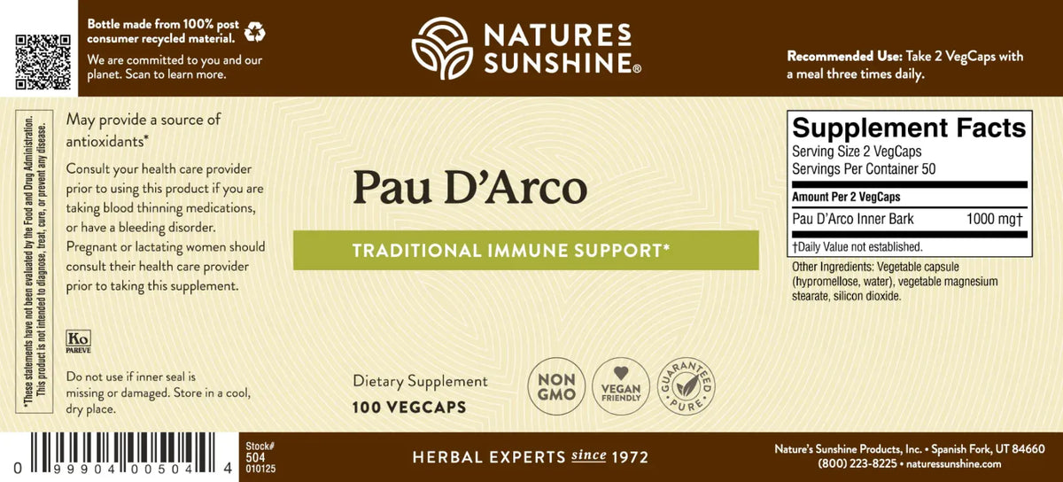 Front and back of a Nature's Sunshine Pau D'Arco dietary supplement box, showing the beige supplement facts panel, brown header, and product details including 100 VegCaps and Traditional Immune Support.