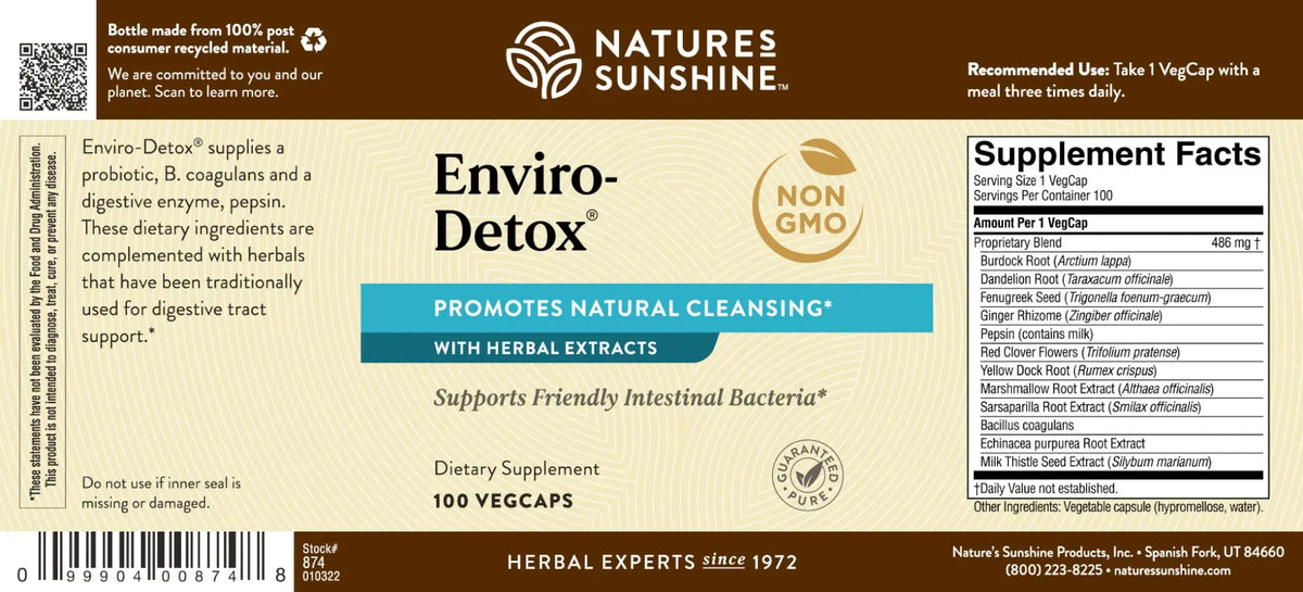 Front and back label of Nature's Sunshine Enviro-Detox dietary supplement, showing product name, benefits, ingredients, and supplement facts on a brown and beige background.