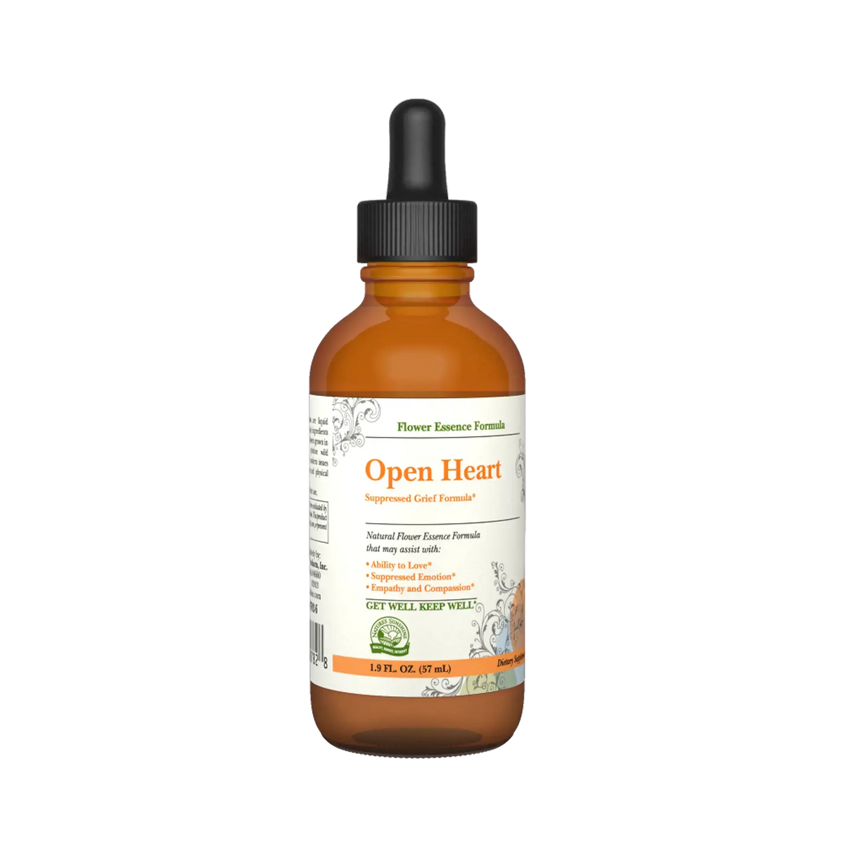 An amber glass dropper bottle of 'Open Heart' Flower Essence Formula on a solid white background.