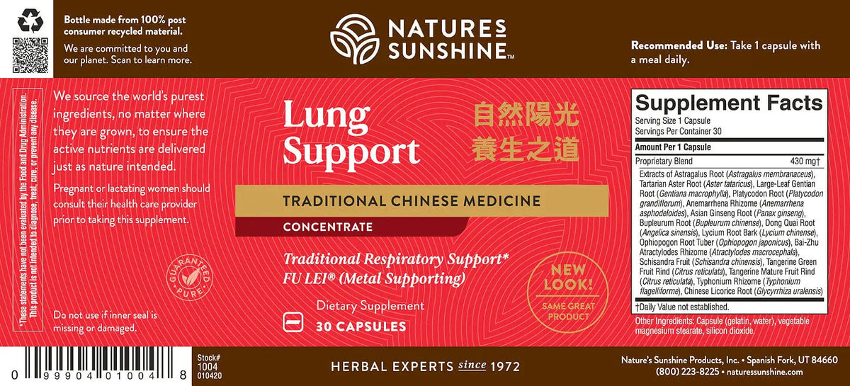 Natures Sunshine Lung Support Traditional Chinese Medicine dietary supplement bottle label showing Supplement Facts and 10 capsules count on a white background.