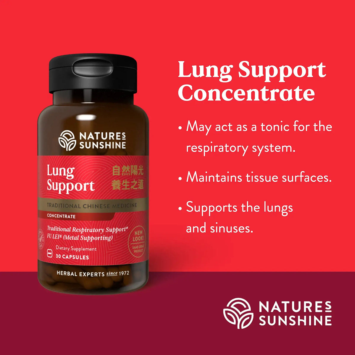 Natures Sunshine Lung Support Concentrate bottle on a red background with product details.
