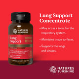 Natures Sunshine Lung Support Concentrate bottle on a red background with product details.