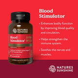 Natures Sunshine Blood Stimulator supplement bottle on a red background with product details.
