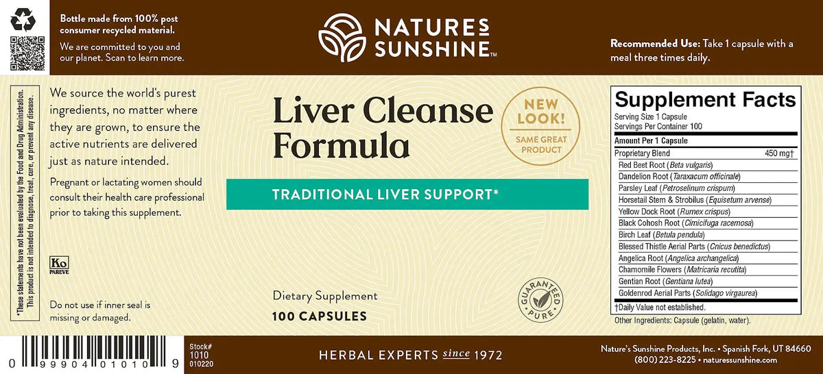 Natures Sunshine Liver Cleanse Formula supplement label with text and branding.
