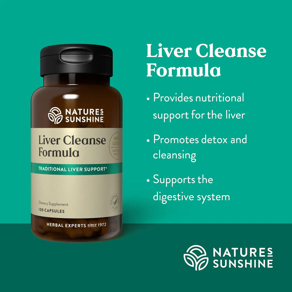 Natures Sunshine Liver Cleanse Formula herbal supplement bottle on a teal background with product benefits text.