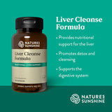 Natures Sunshine Liver Cleanse Formula herbal supplement bottle on a teal background with product benefits text.