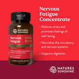 Natures Sunshine Nervous Fatigue Concentrate herbal supplement bottle on a red background with product benefits text.
