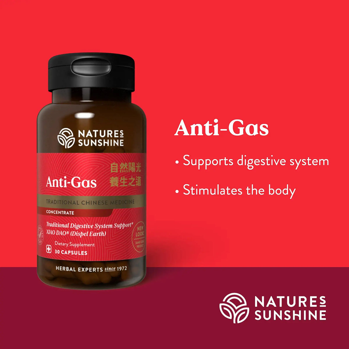 Nature's Sunshine Anti-Gas dietary supplement bottle on a red and dark red gradient background with white text describing its digestive support benefits.