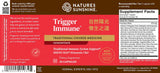 Natures Sunshine Trigger Immune Traditional Chinese Medicine dietary supplement bottle label, featuring a red and white design with English and Chinese text and a Supplement Facts panel on the right.