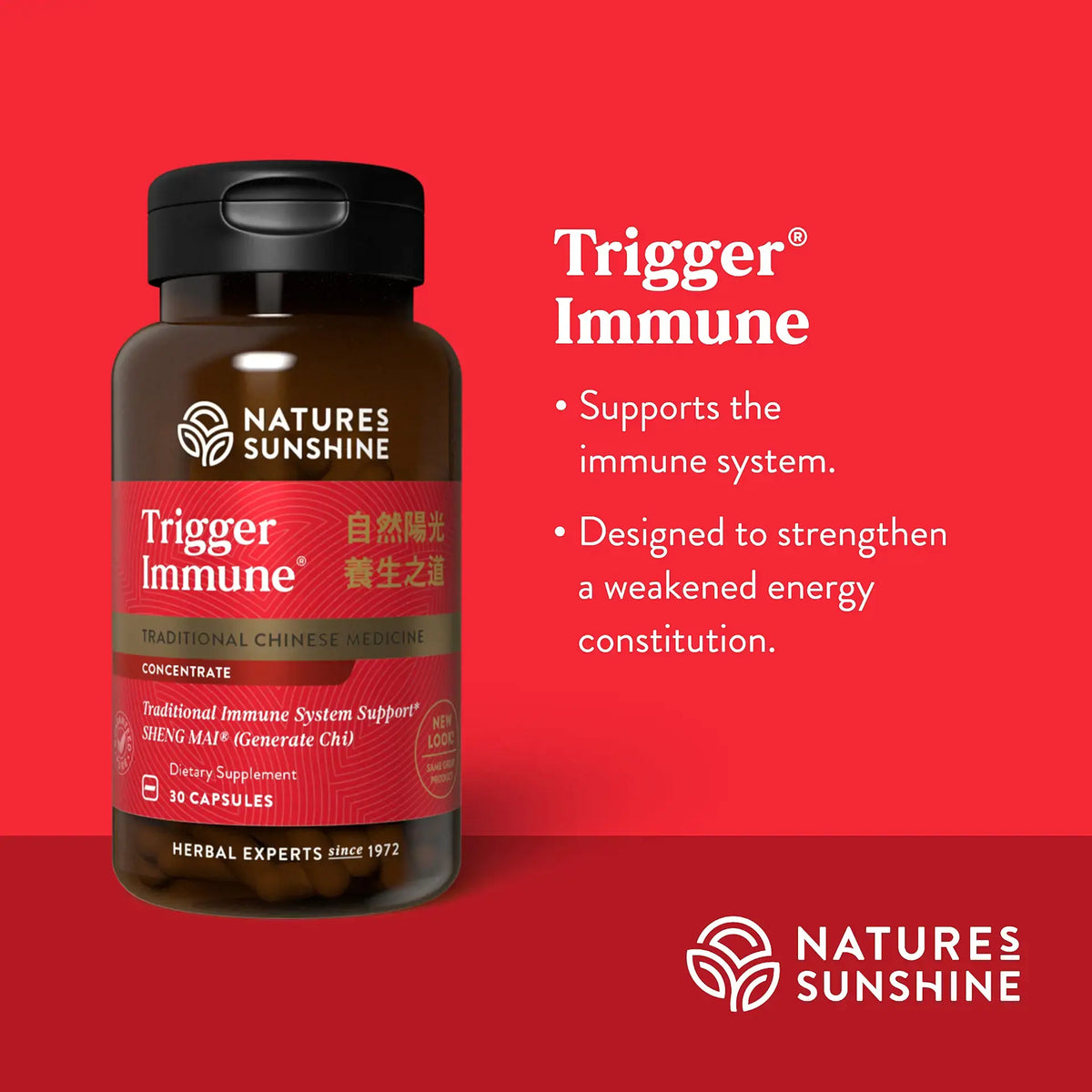 Natures Sunshine Trigger Immune dietary supplement bottle on a red background with product details and marketing text.