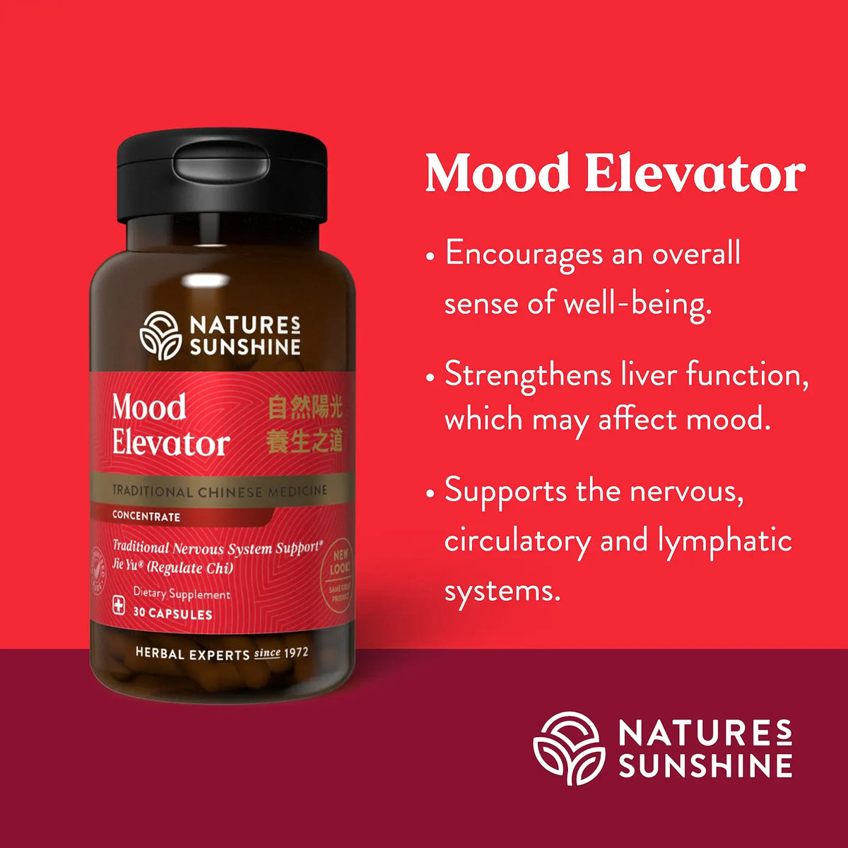 Natures Sunshine Mood Elevator herbal supplement bottle on a red promotional background with text describing its mood-supporting benefits.