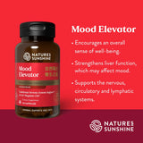 Natures Sunshine Mood Elevator herbal supplement bottle on a red promotional background with text describing its mood-supporting benefits.