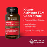 Nature's Sunshine Kidney Activator TCM Concentrate dietary supplement bottle on a red background with product benefits text.