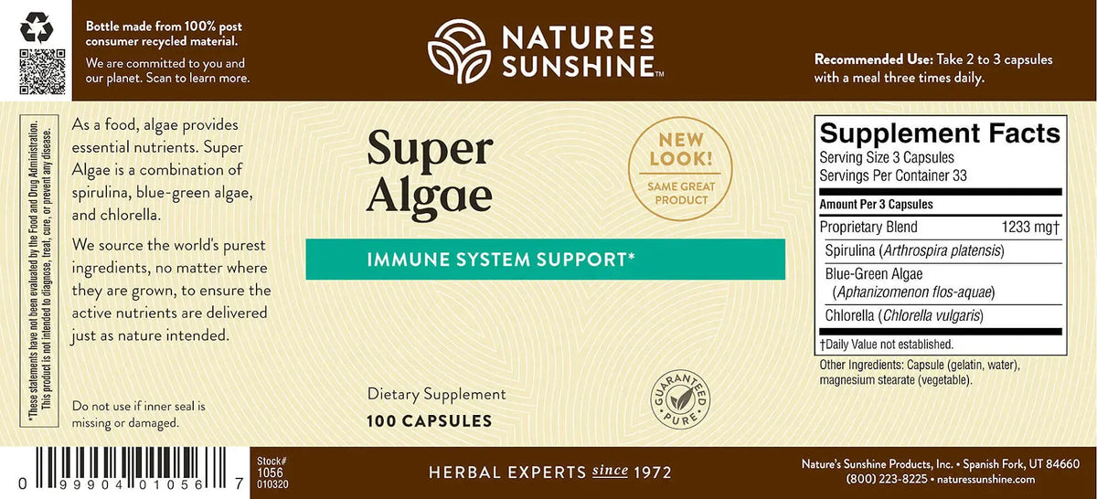 The back of a Nature's Sunshine Super Algae dietary supplement box, showing the label design with product details, supplement facts, and barcode on a beige background.
