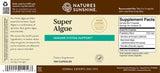 The back of a Nature's Sunshine Super Algae dietary supplement box, showing the label design with product details, supplement facts, and barcode on a beige background.