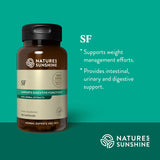 Nature's Sunshine SF herbal supplement bottle on a teal background with product text and benefits callouts.