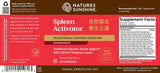 Natures Sunshine Spleen Activator dietary supplement bottle label, featuring a red and brown design with product details, supplement facts, and a barcode.