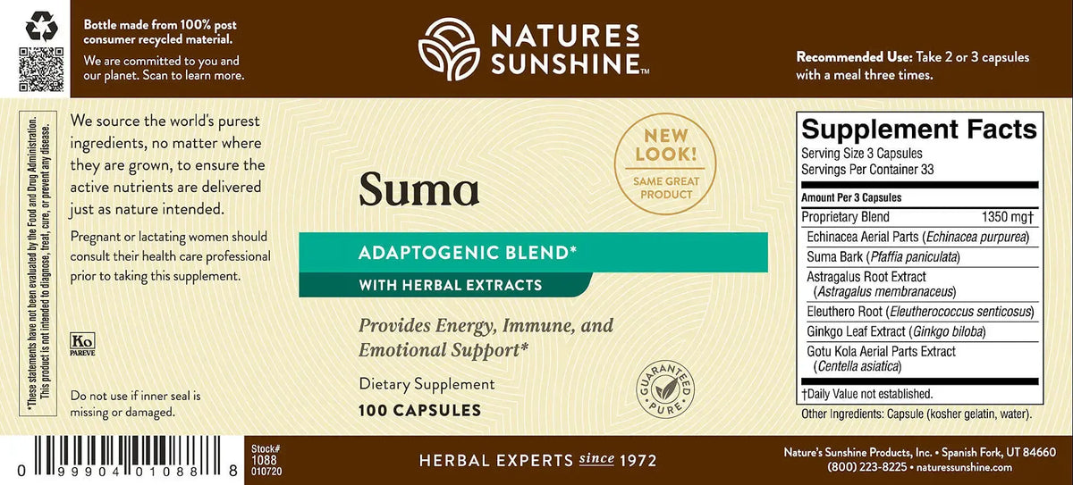 The back label of a Nature's Sunshine Suma Adaptogenic Blend dietary supplement, showing product details, ingredients, and a supplement facts panel.